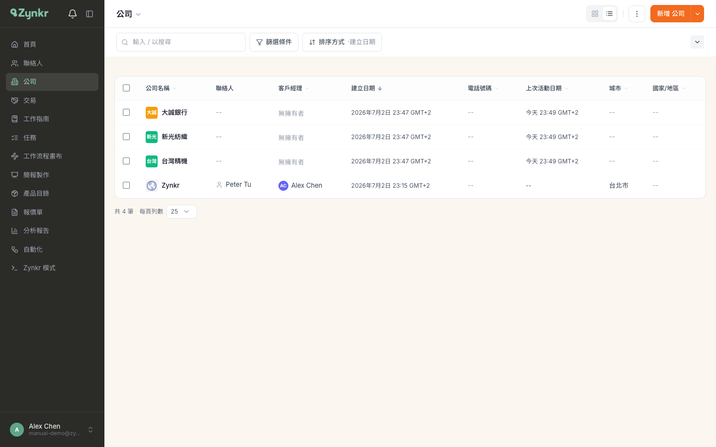 公司列表頁 · 上方是搜尋 篩選條件與排序方式，展開的篩選列有客戶經理等選項 · 下方是帶公司標誌與聯絡人欄的表格，底部可選每頁列數