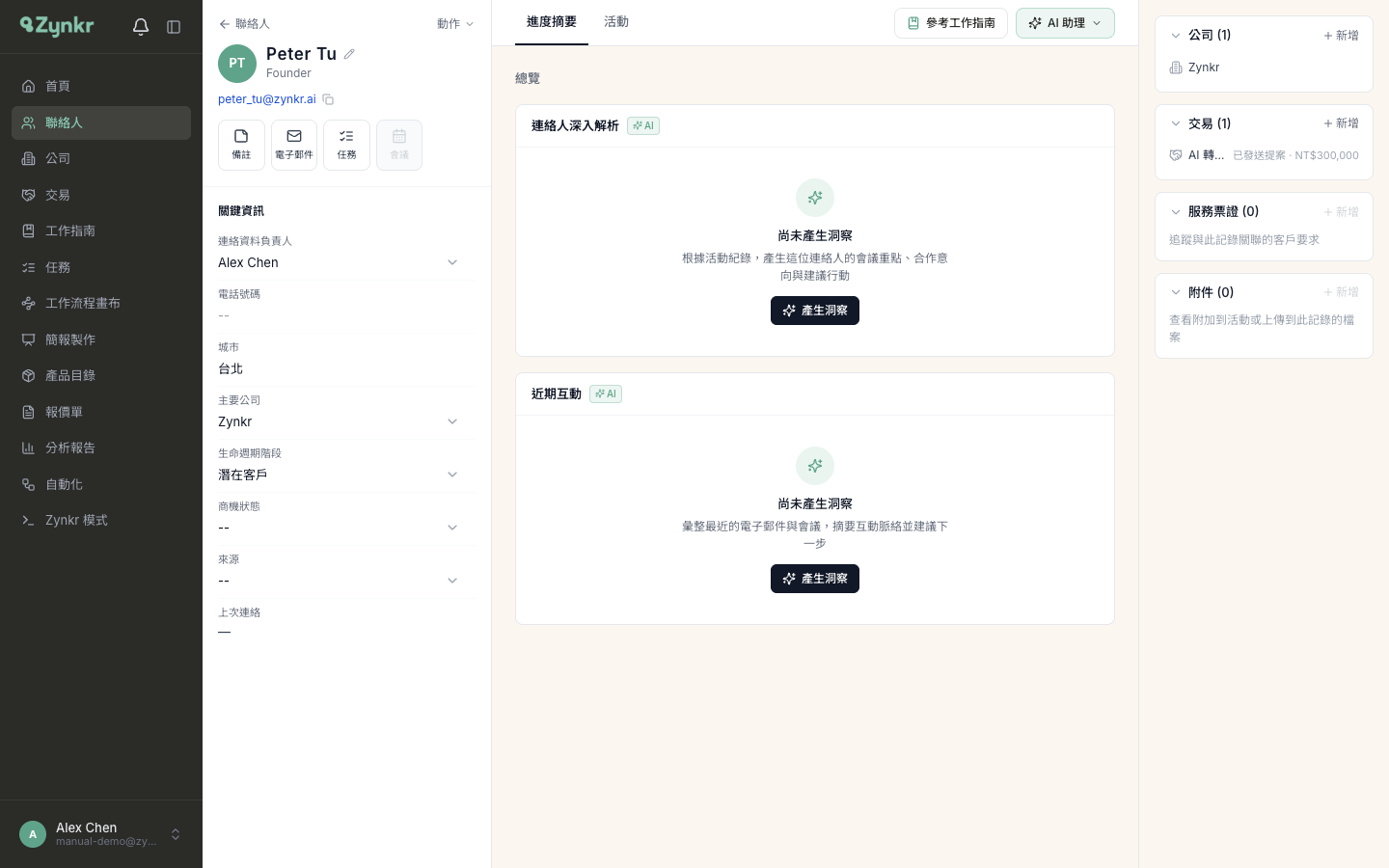 聯絡人詳情頁 · 左欄關鍵資訊、中央進度摘要與活動分頁、右上 AI 助理、右欄公司與交易關聯