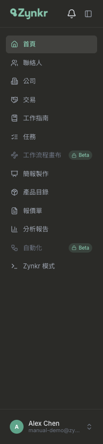 左側深色導覽列的完整樣貌 · 依序列出全部 13 個分頁，「工作流程畫布」與「自動化」旁帶著 Beta 標籤