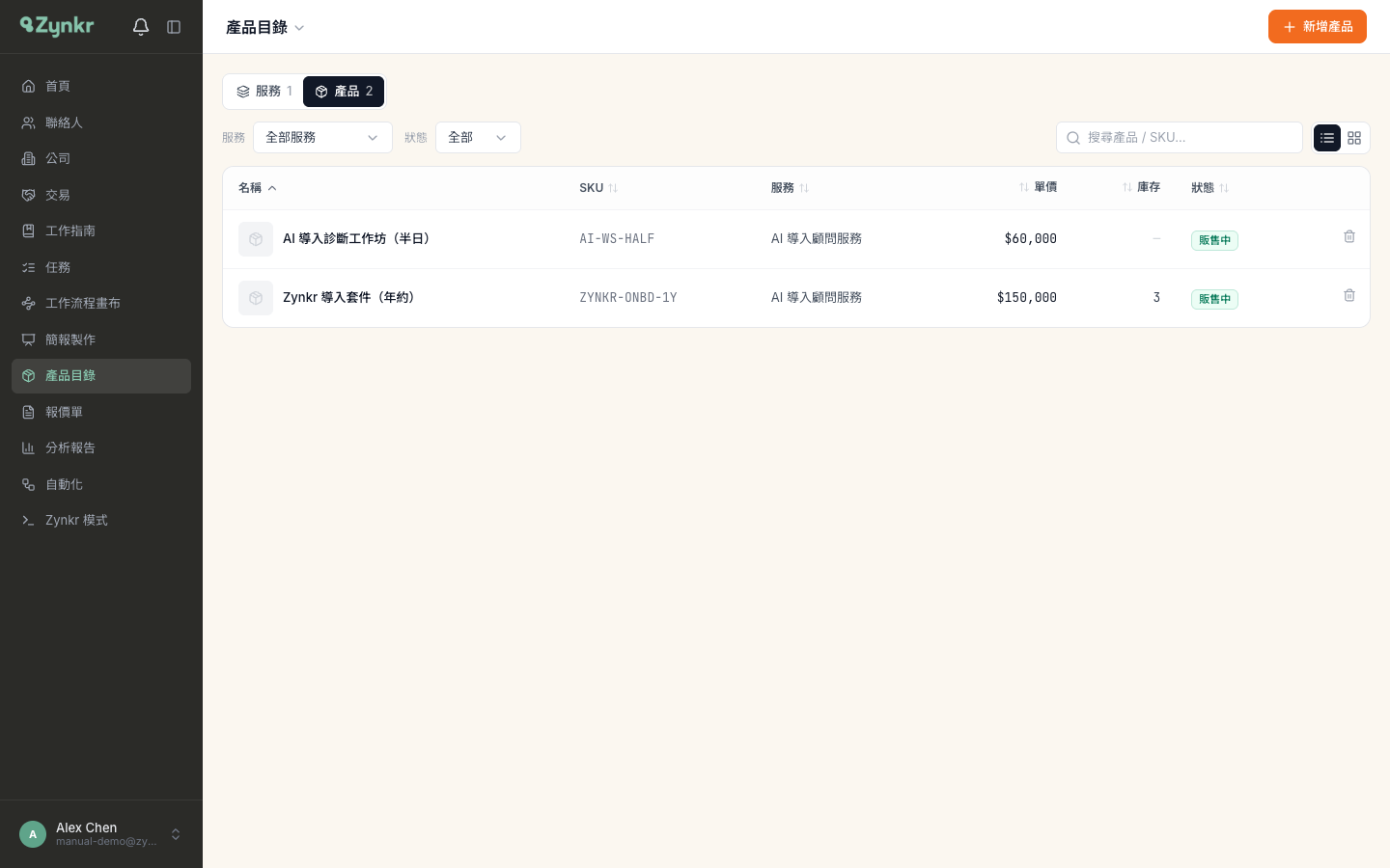 產品目錄頁面 · 上方是「服務／產品」兩個分頁與橘色新增按鈕，下方是產品清單，可切換清單或格狀檢視
