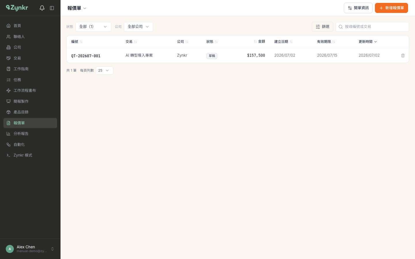 報價單總覽列表 · 右上角有「開單資訊」與「新增報價單」兩個按鈕